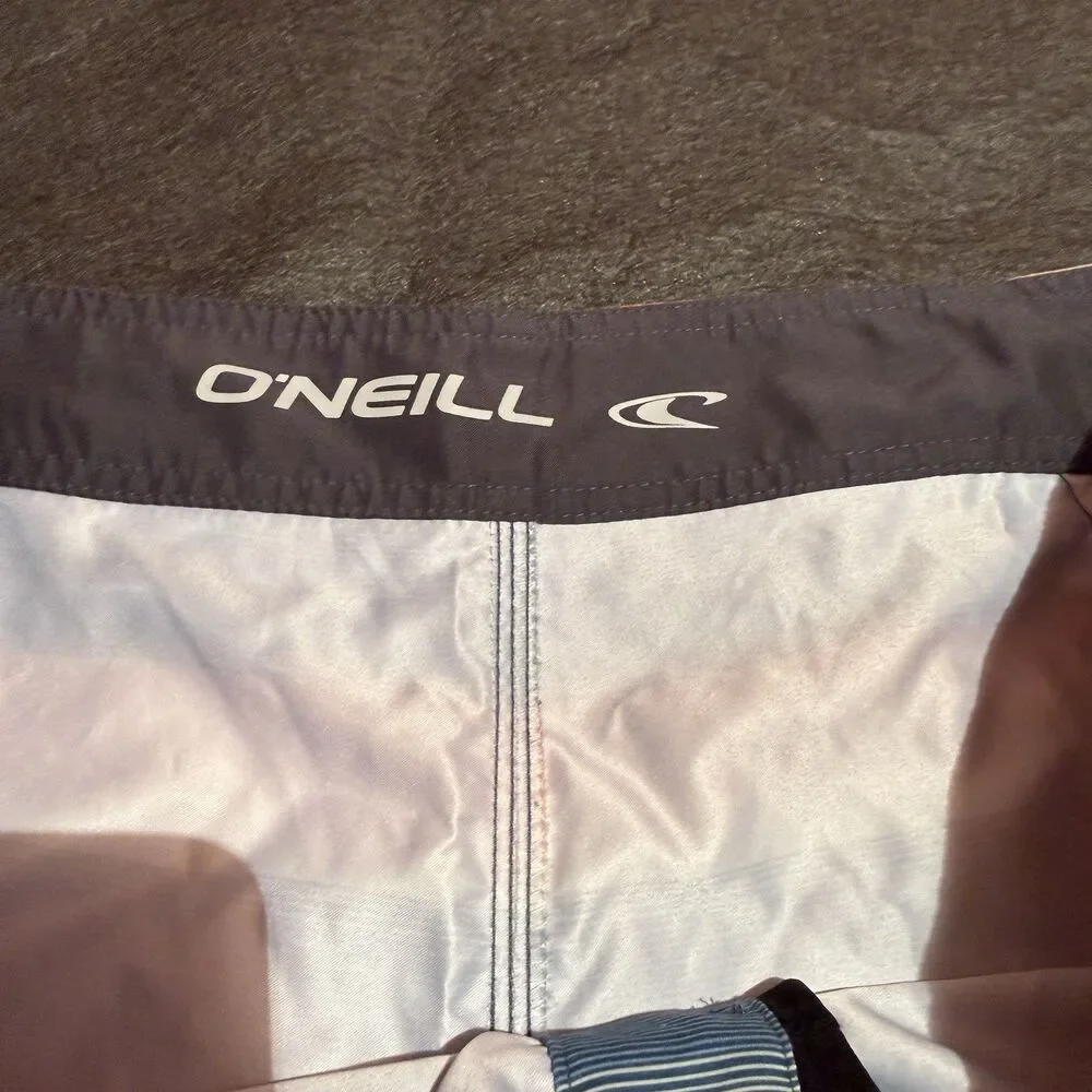 ONeill Mens Swim Trunks Shorts Size 40 Blue Orange Swimwear Striped Pocket